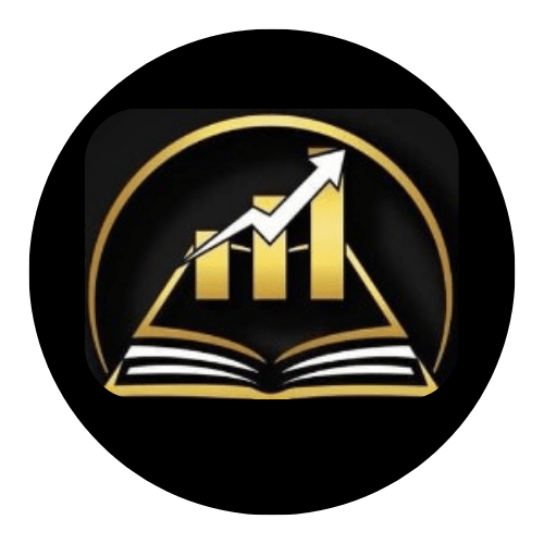 Icon showing open book with gold bar chart and upward arrow inside black circle.