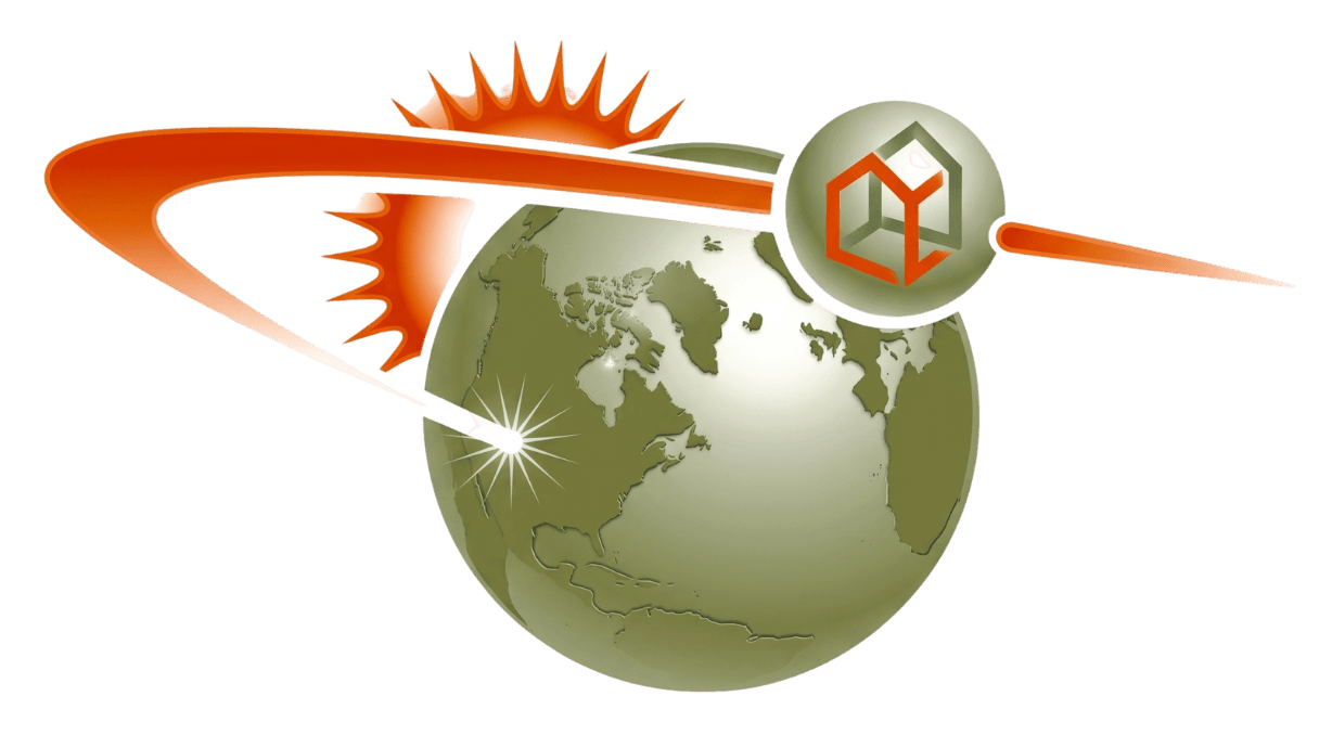 A stylized globe with a glowing sun and orbiting logo symbolizing global connectivity.