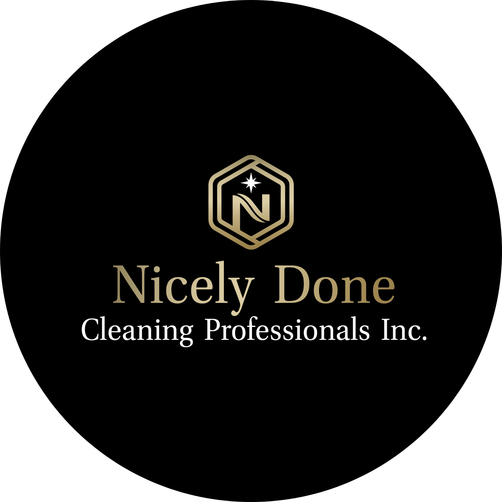 Logo for a cleaning service company with a hexagonal emblem and gold typography.