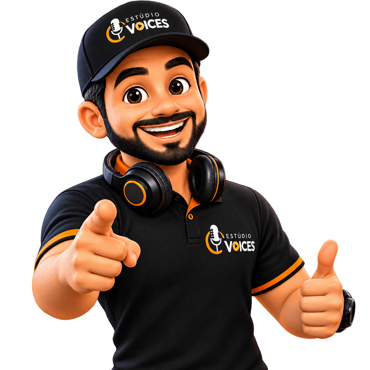 Animated male voice actor in headset giving thumbs up and pointing forward.