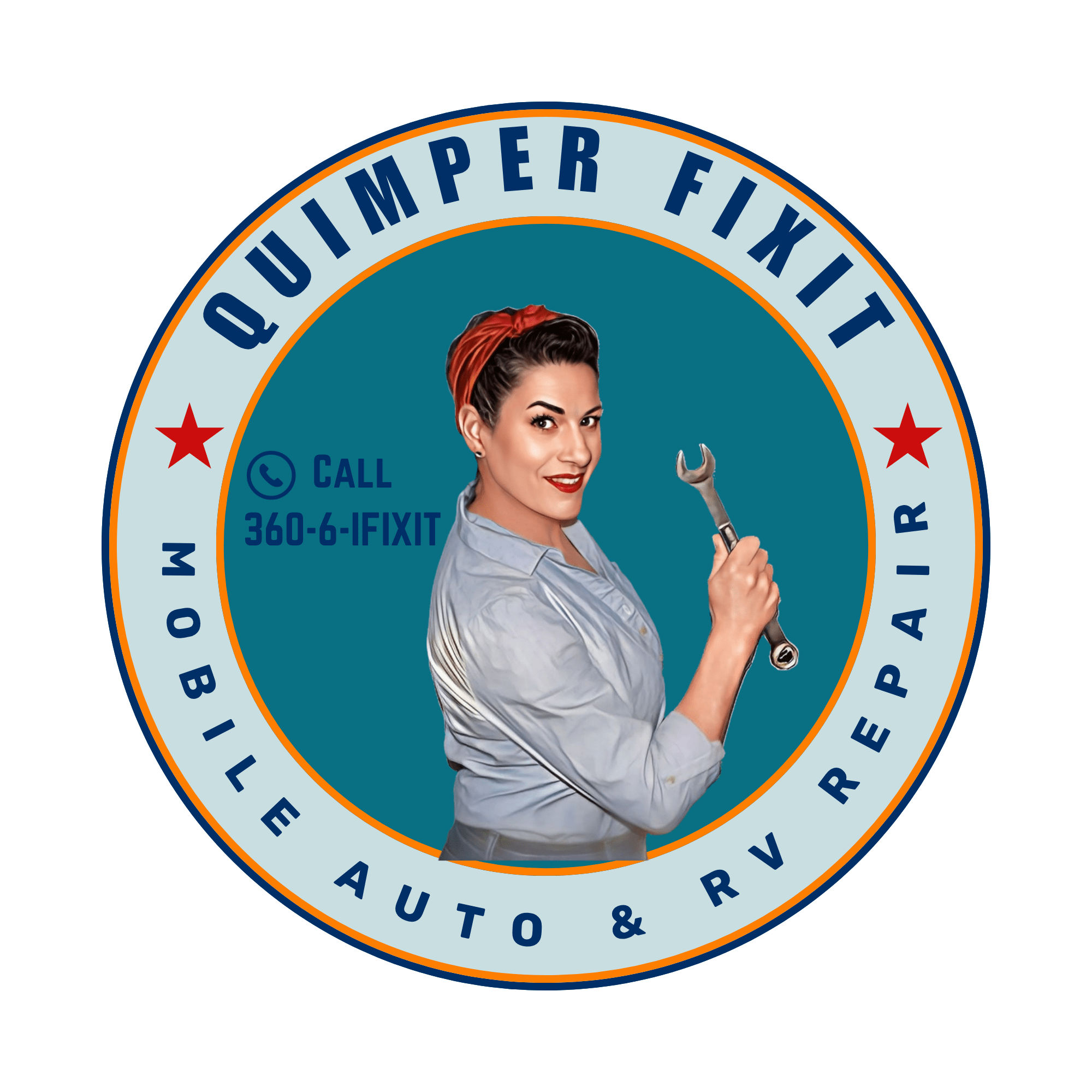 Vintage-style logo for a mobile auto and RV repair service featuring a smiling woman with a wrench.
