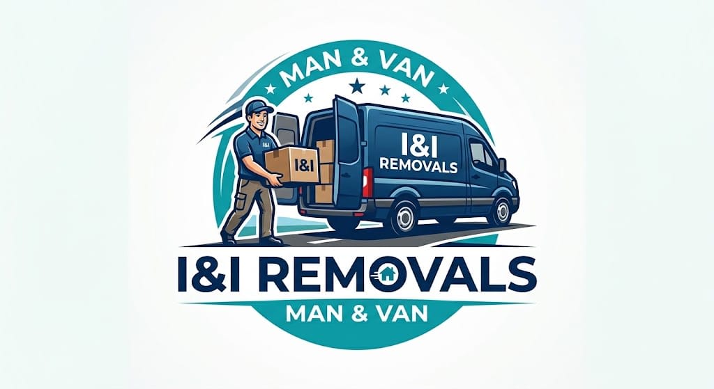 Illustrated logo for a man and van removals service with a worker and van.