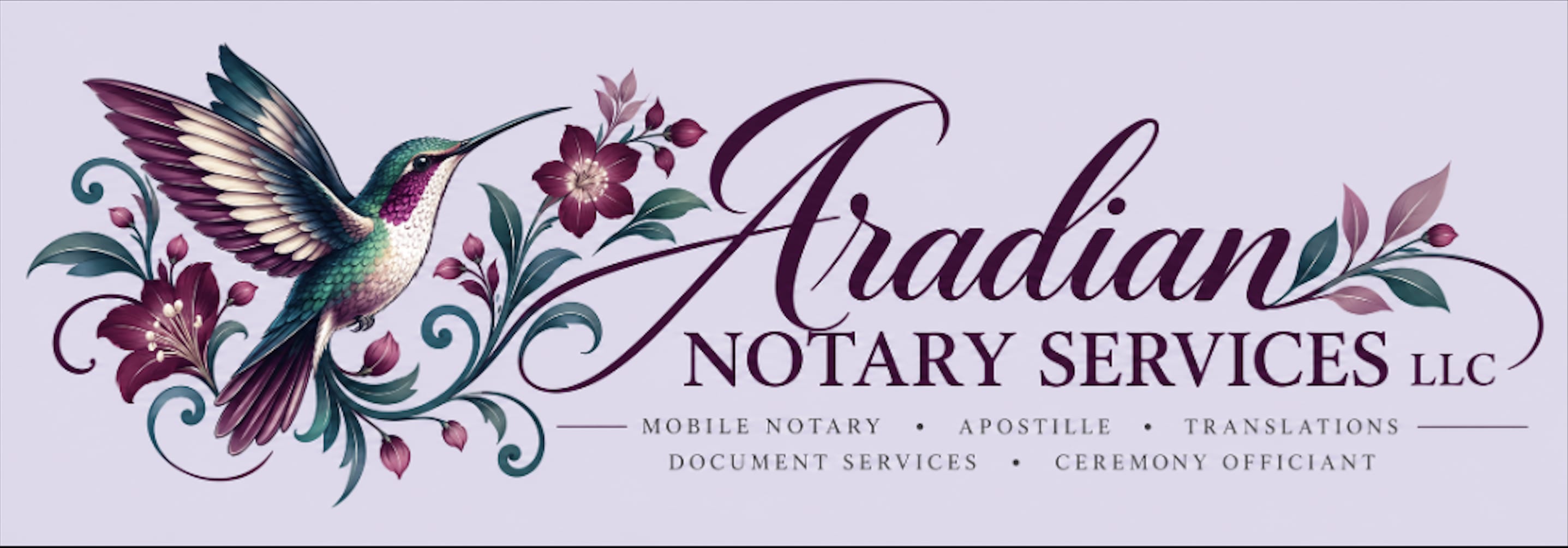Elegant notary services logo with hummingbird and floral design.