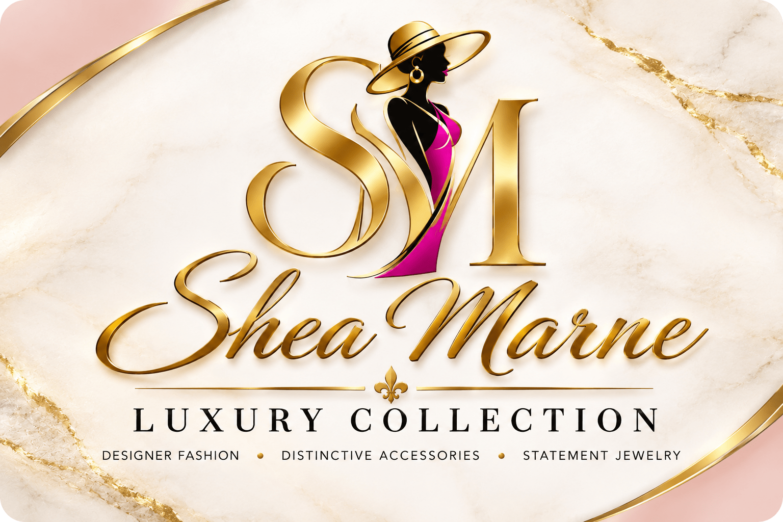 Luxury fashion brand logo with gold lettering and pink silhouette on marble.