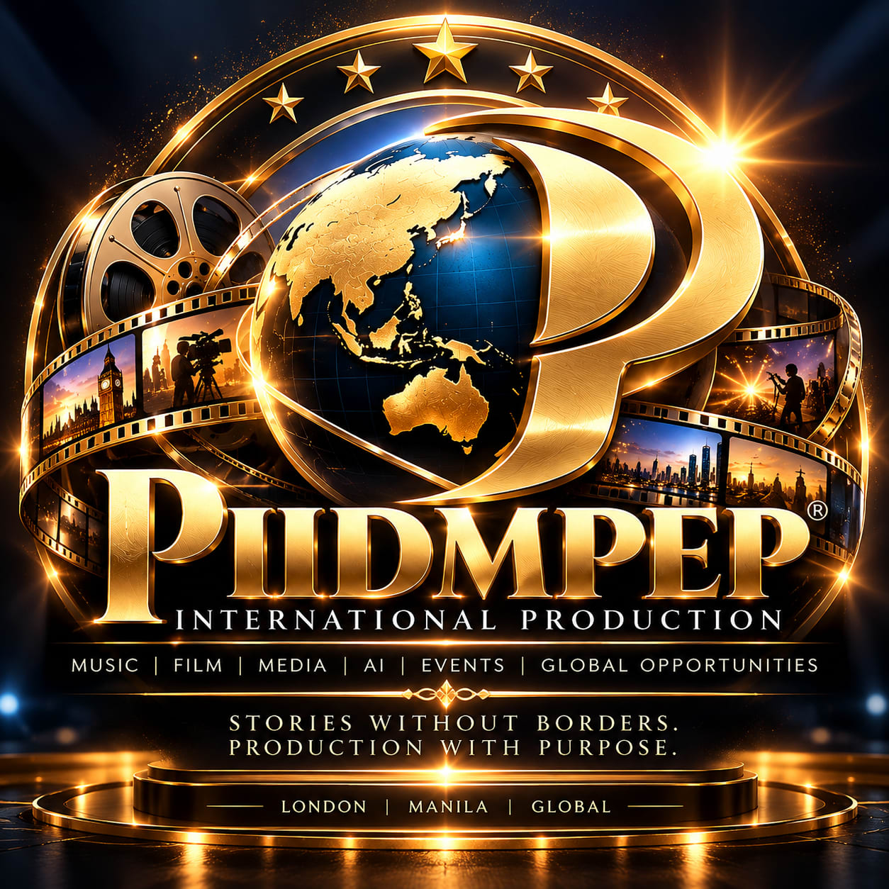 Golden globe logo with film reel and cityscapes for a global production company.