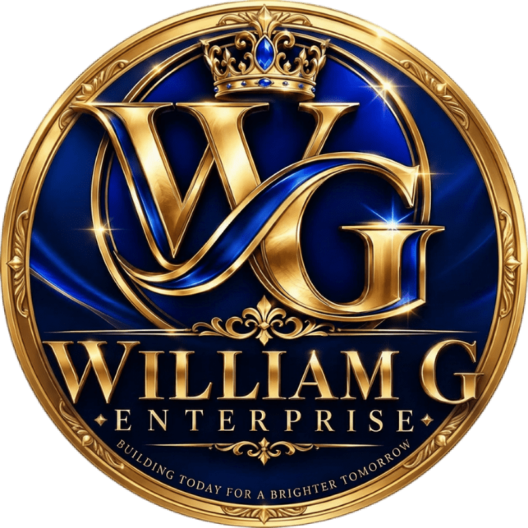 A royal gold and blue corporate logo with crown and initials.