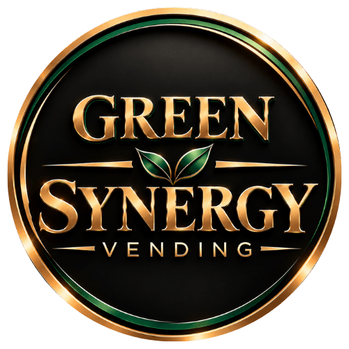 Circular logo for a vending company with green leaf motif.