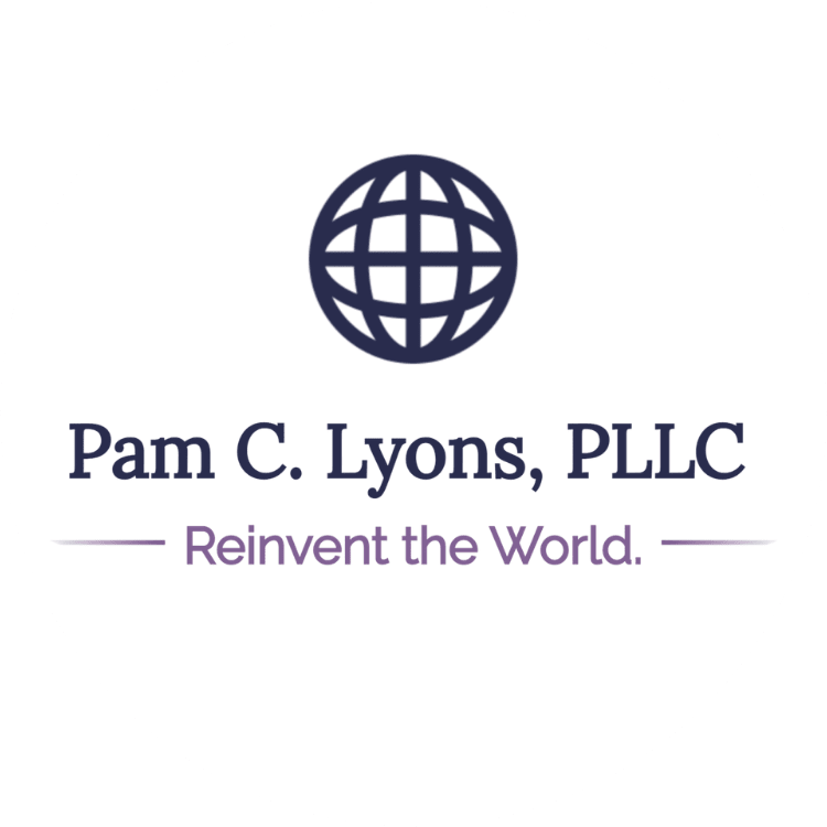 Circular logo for a law firm with globe icon and tagline