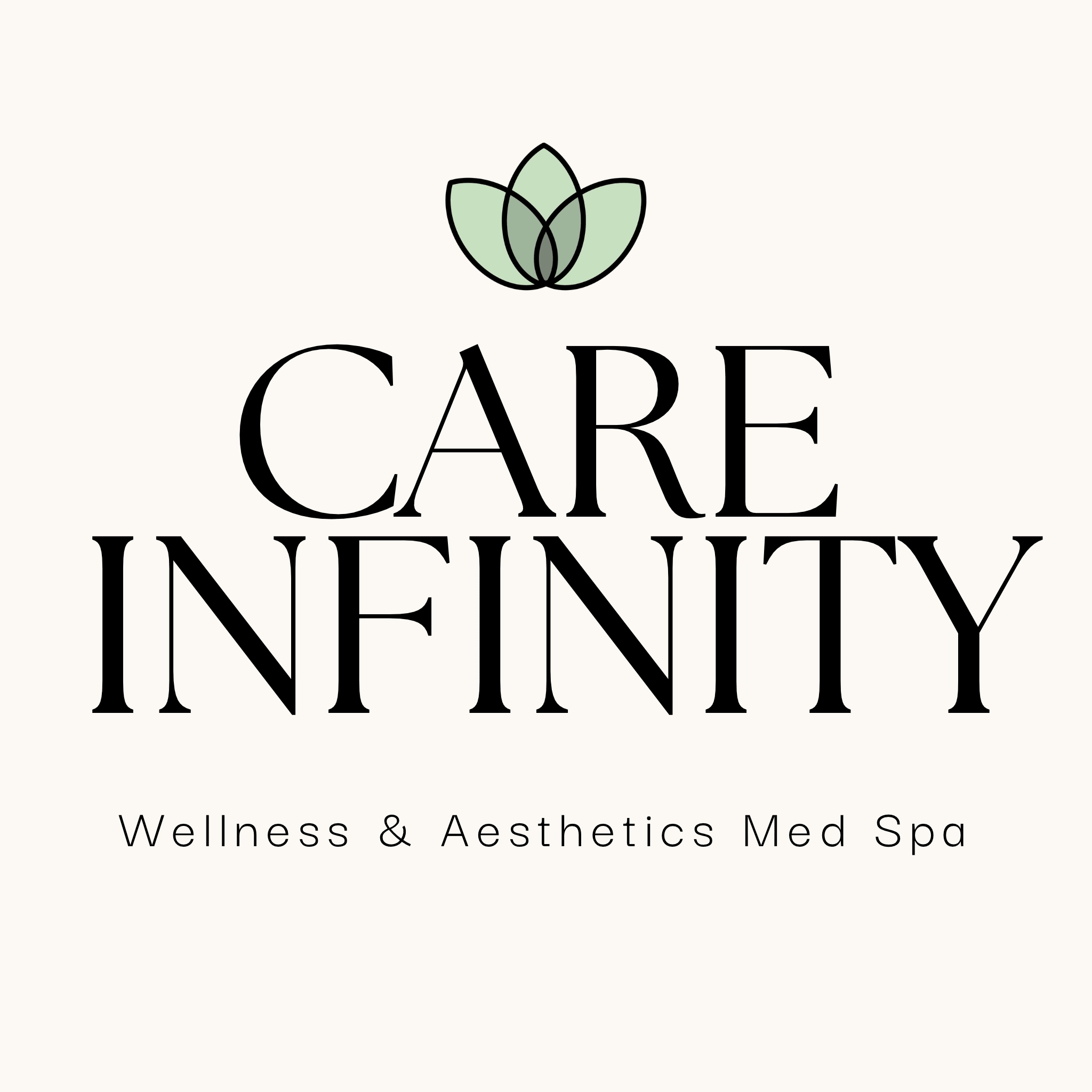 Logo for a wellness and aesthetics med spa with minimalist typography and a leaf symbol.
