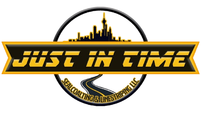 Logo for a sealcoating and line striping company with city skyline and road graphic.