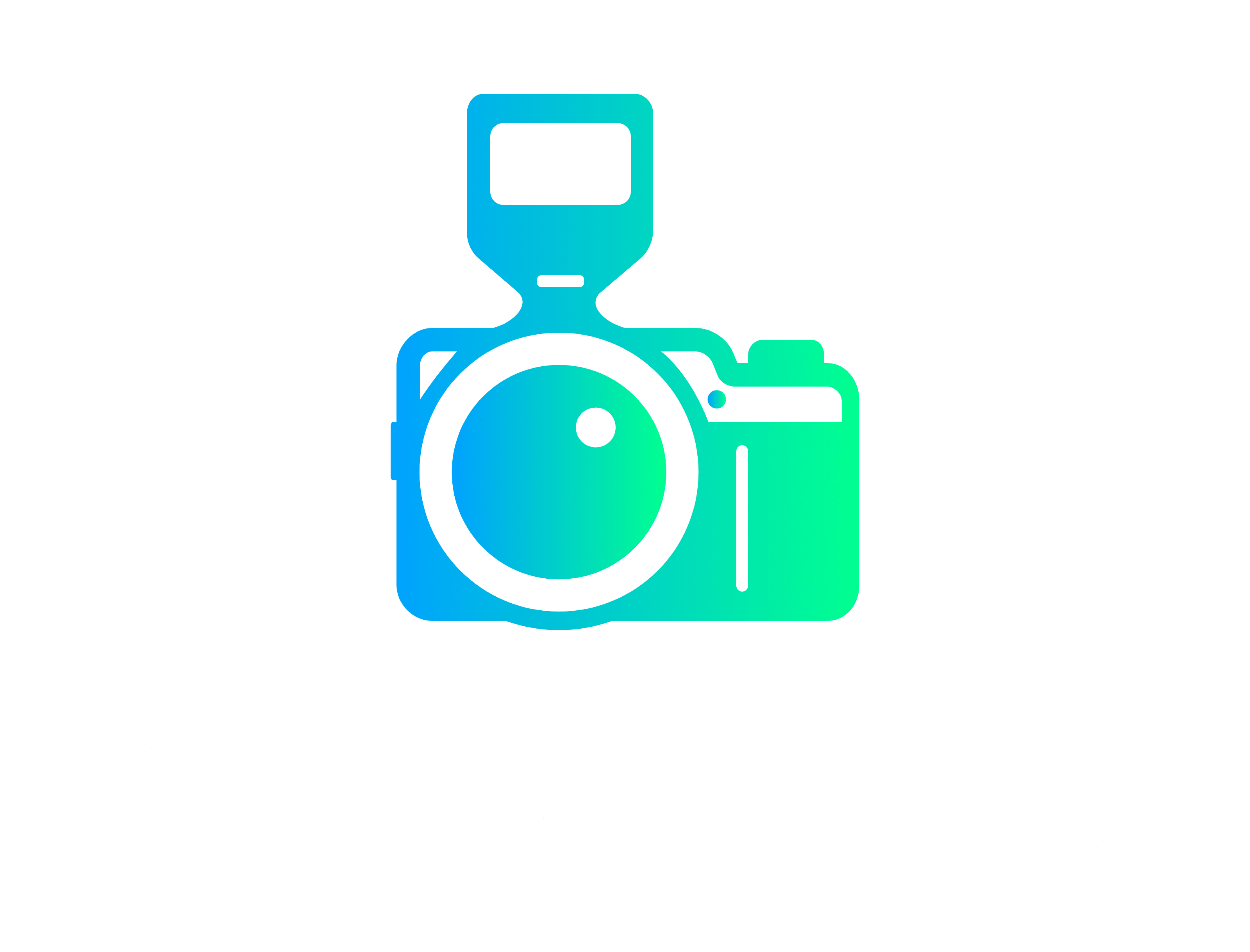 A stylized camera logo with gradient blue-green on dark green background.