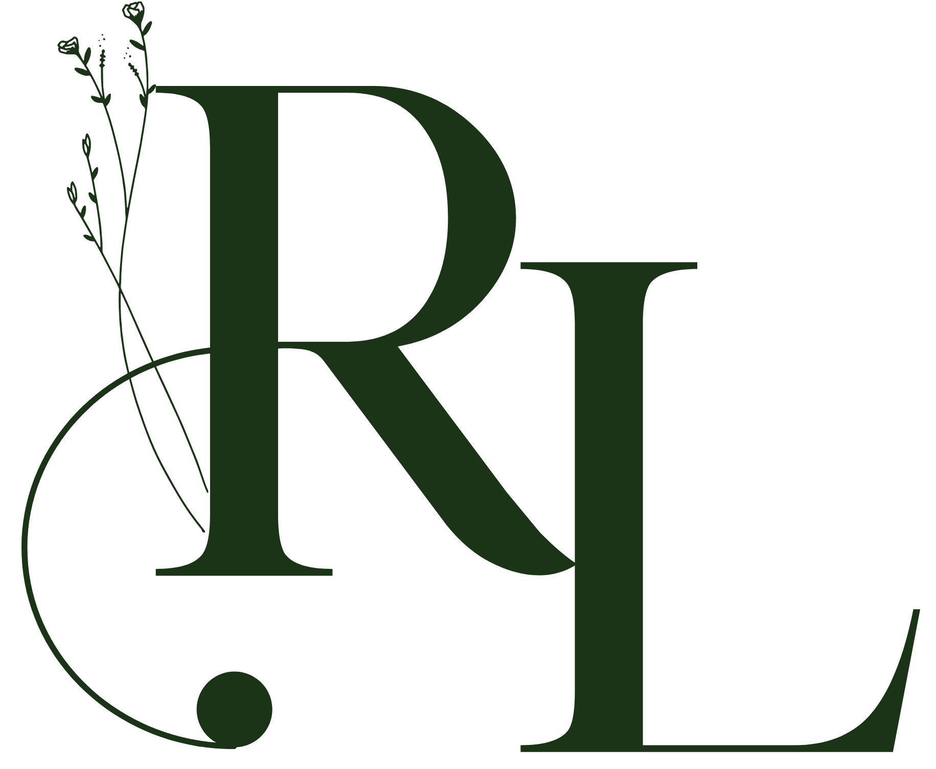 Elegant monogram logo with initials R and L, accented by delicate floral elements.