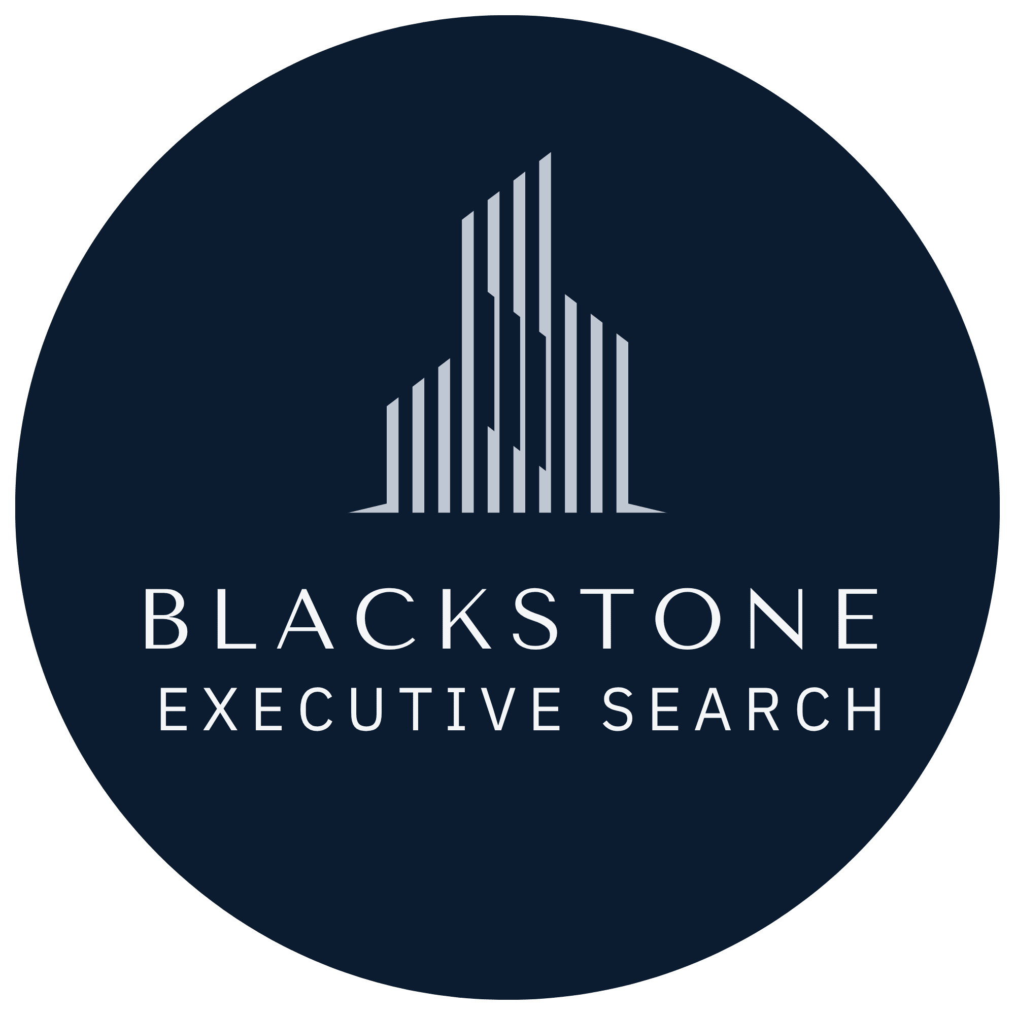 Corporate logo for Blackstone Executive Search on dark blue circle.