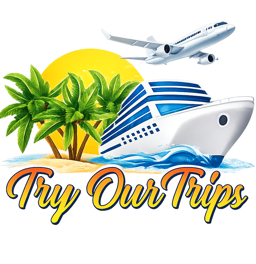 A cruise ship and airplane over a tropical island with a call to action.