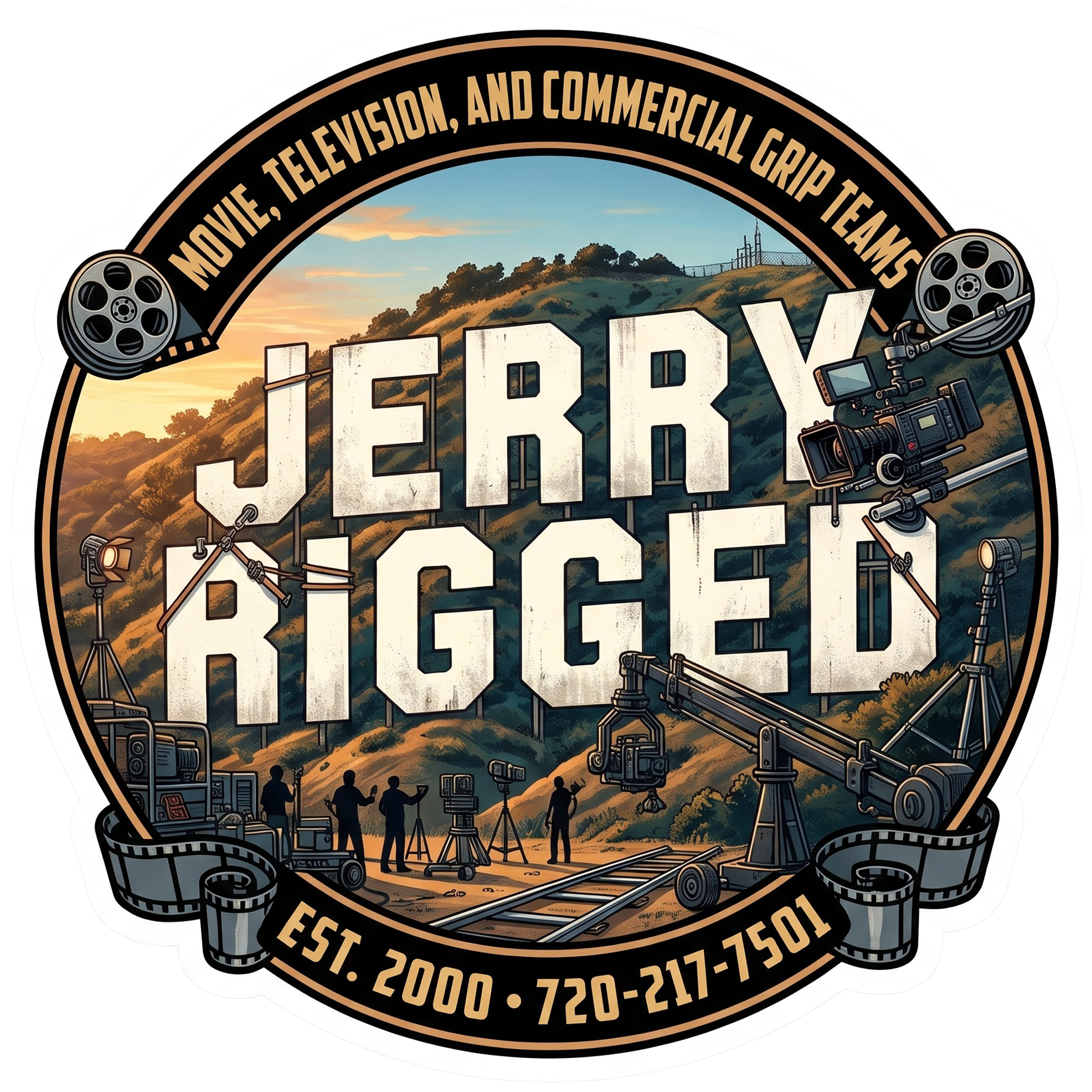 Circular logo for a film grip team with equipment and sunset backdrop