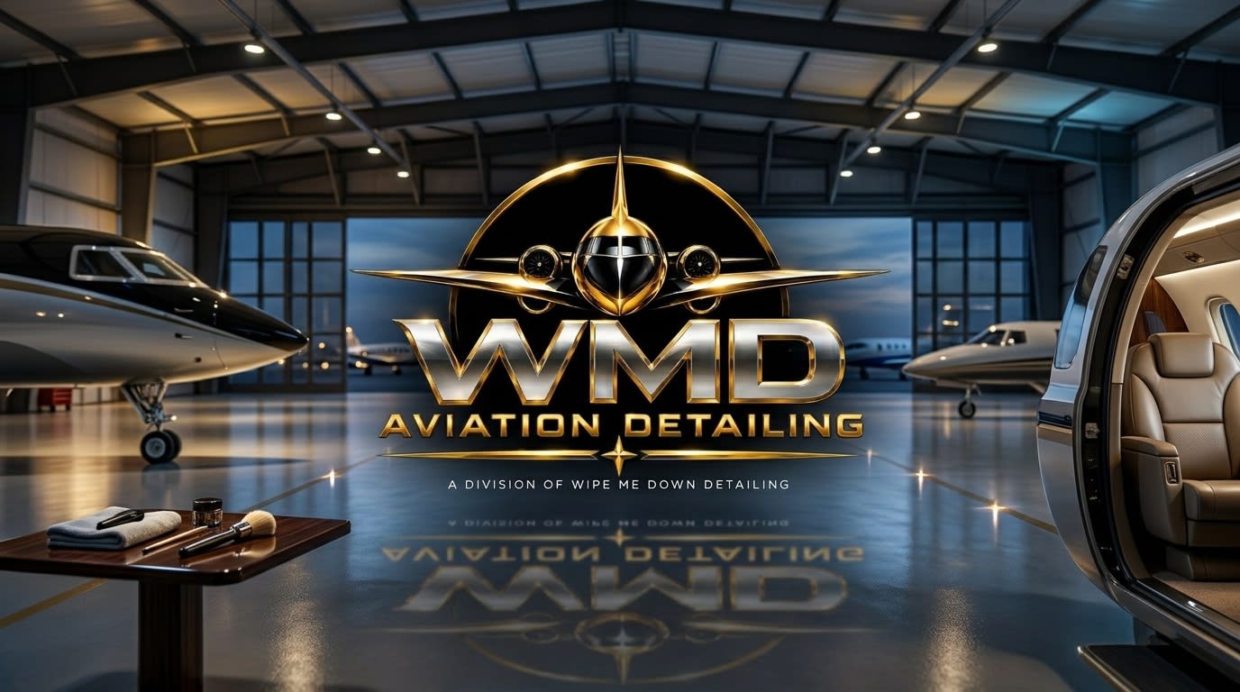 Luxury private jet detailing service logo in a spacious hangar with aircraft.