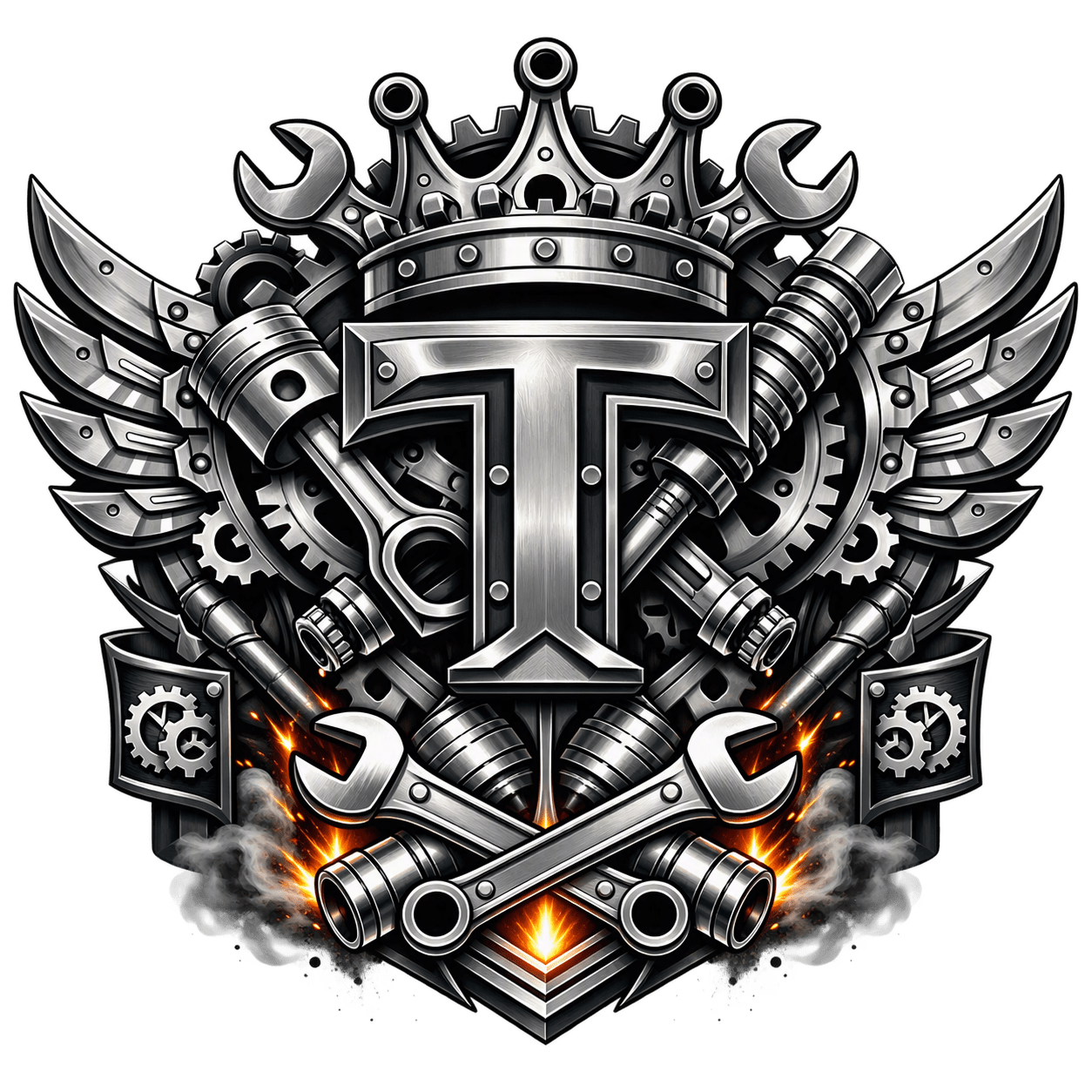 Metallic emblem with crown, wrenches, pistons, and wings on green background