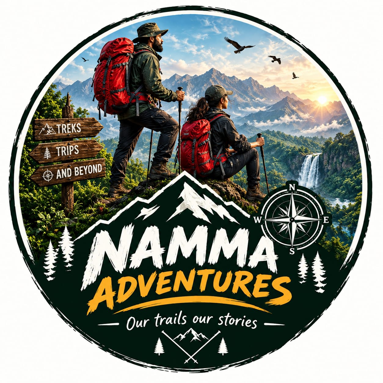 Two hikers with red packs on a mountain peak at sunrise.