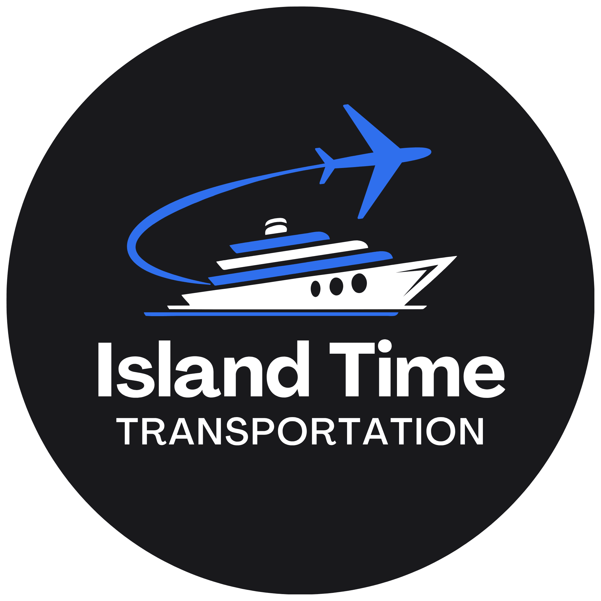 Logo for a transportation service featuring a cruise ship and airplane.
