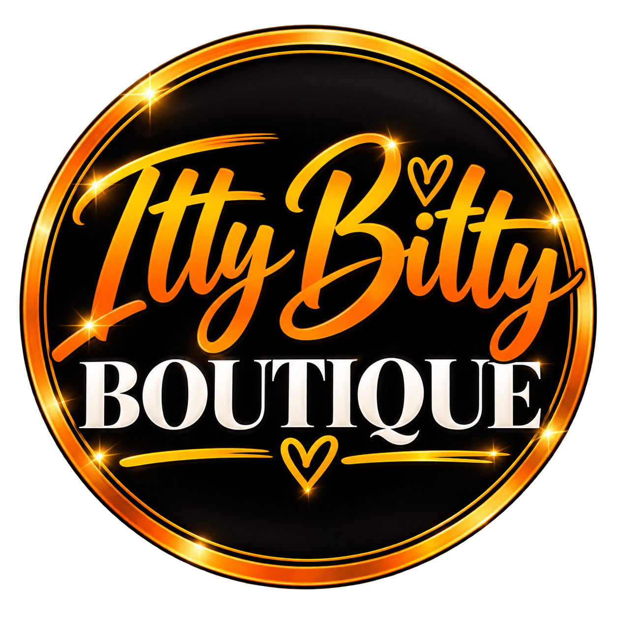 Circular logo for a boutique with glittery gold text and hearts