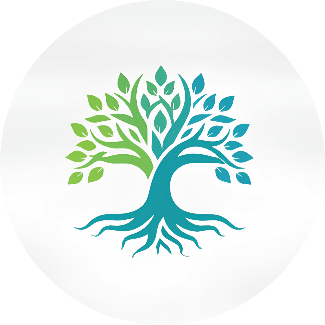 A stylized tree logo with green leaves and blue roots inside a white circle.