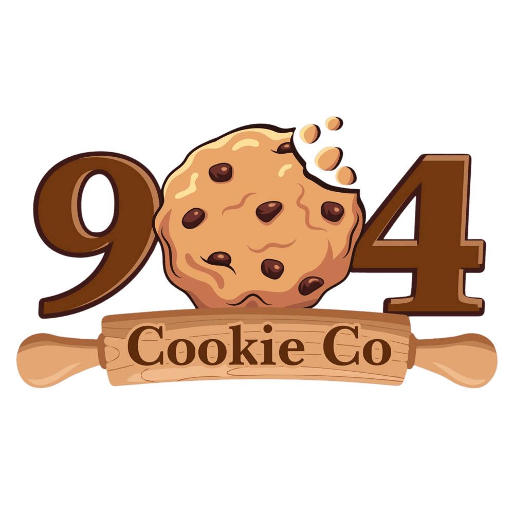 Logo for a cookie brand featuring a chocolate chip cookie and rolling pin.