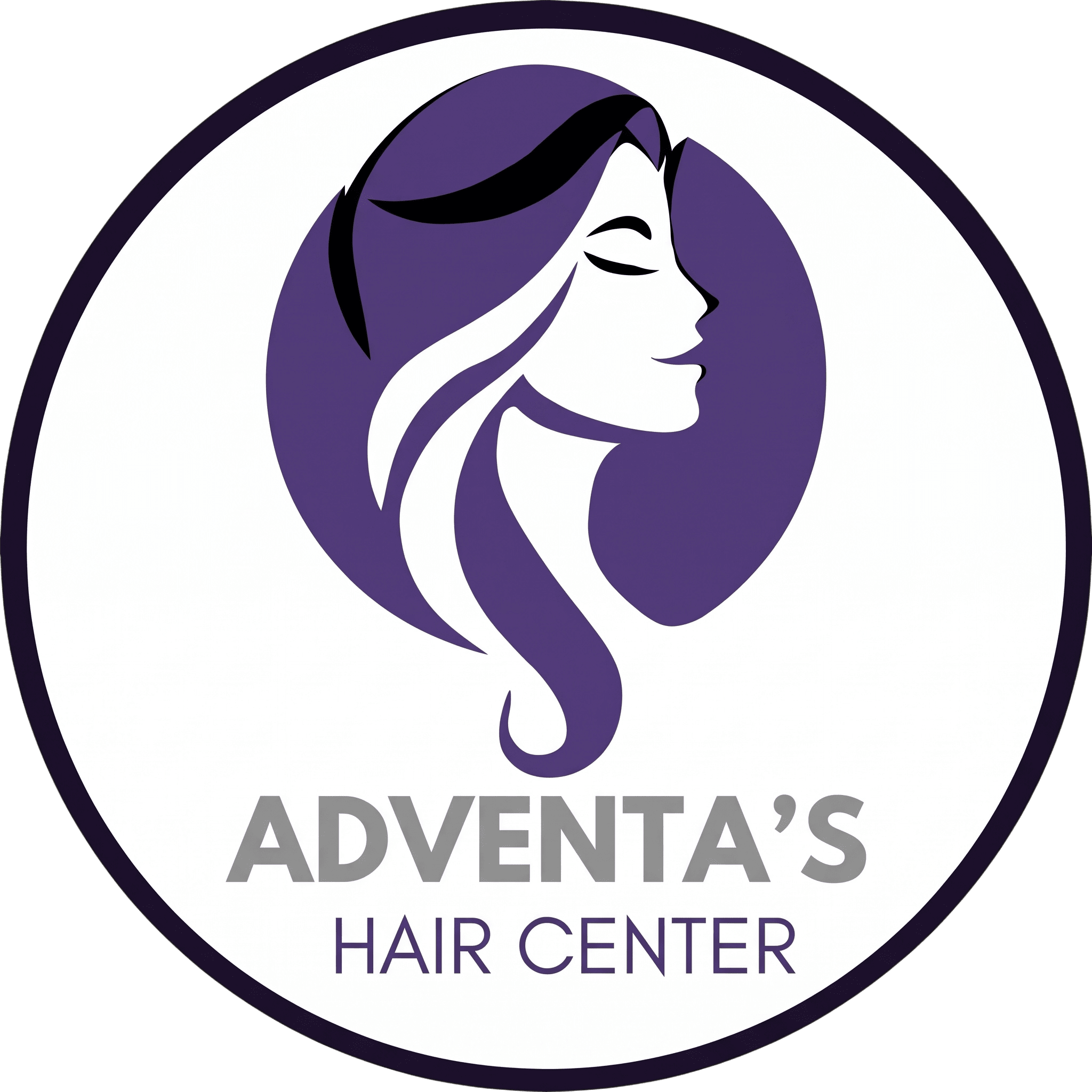 Logo for a hair center with a stylized woman's profile in purple.