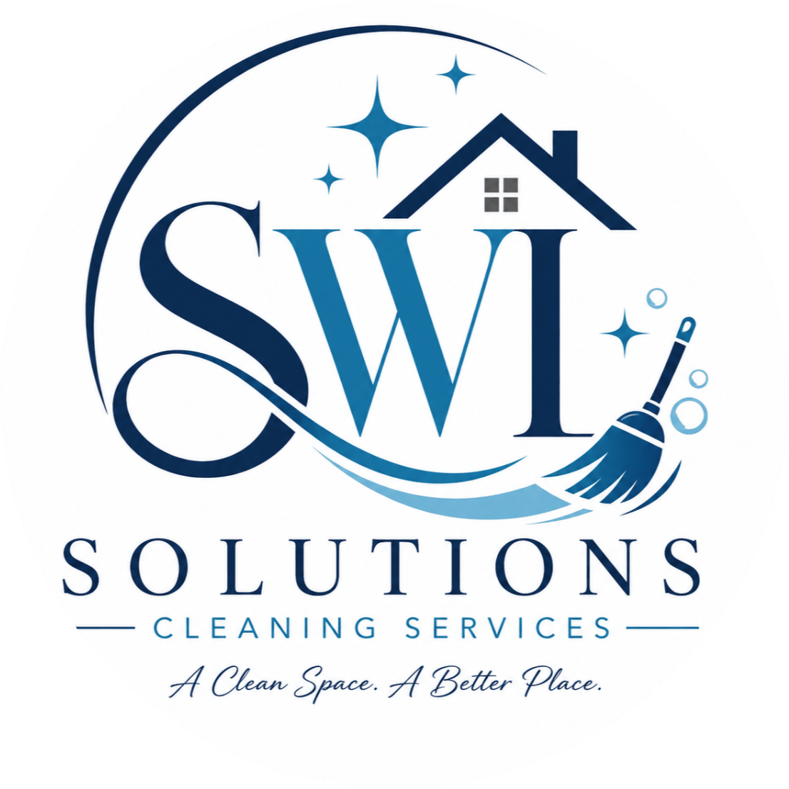 Logo for cleaning services with house, broom and stars.