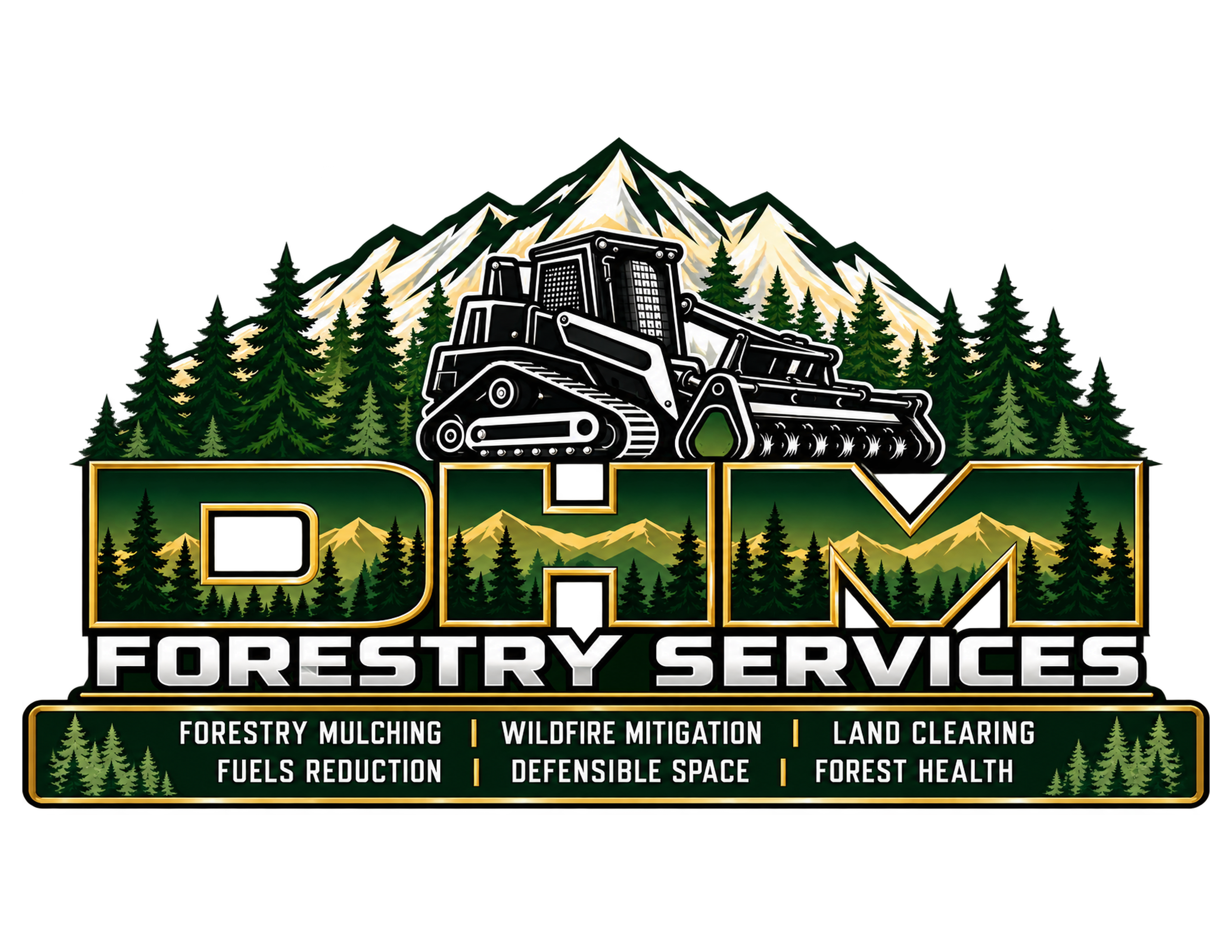 Logo for forestry services with bulldozer and mountain backdrop