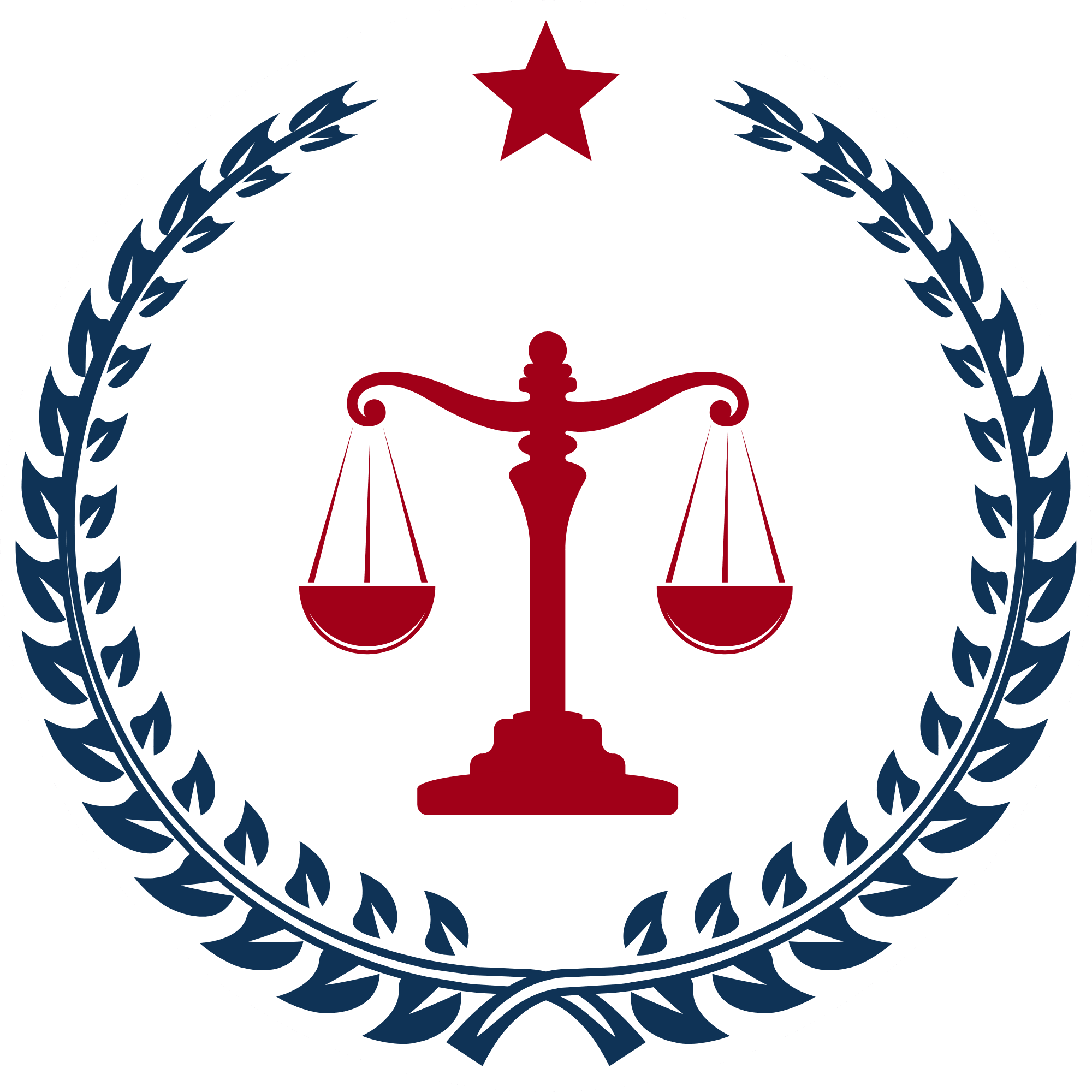 Red justice scales emblem with laurel wreath and star.