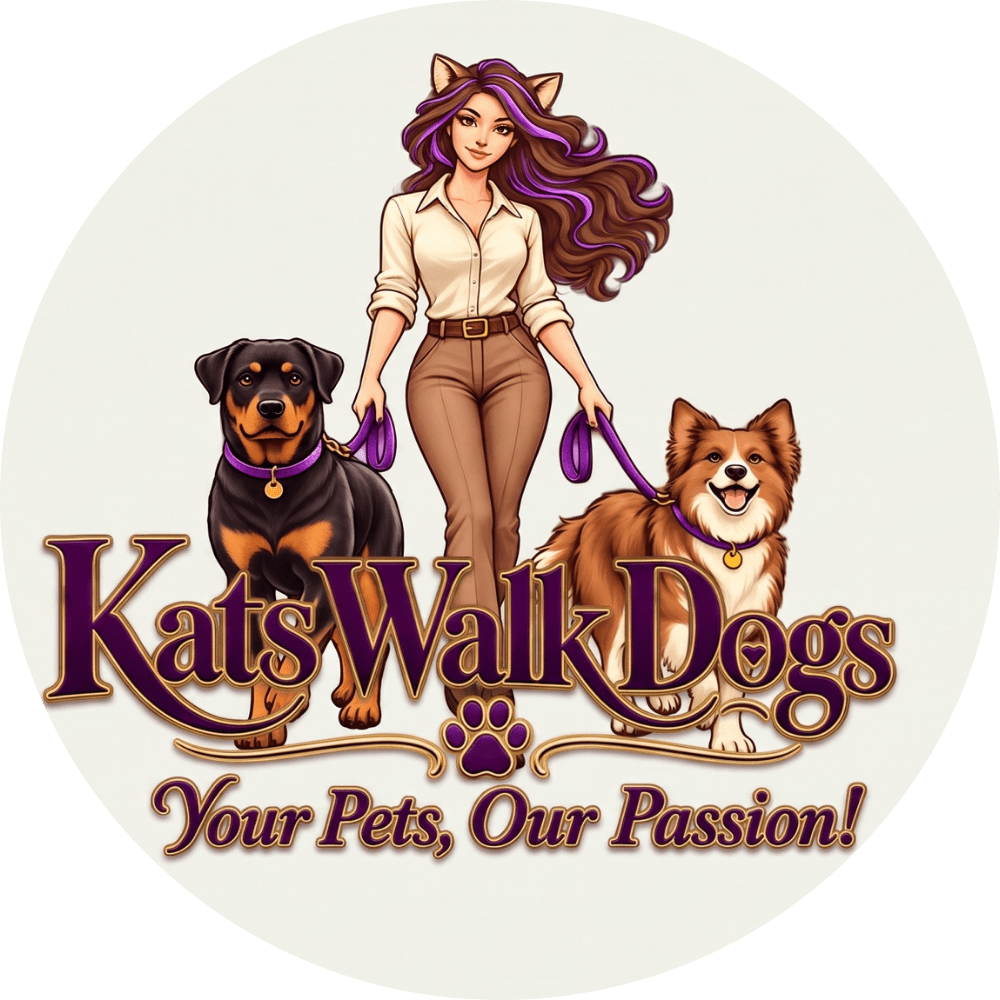 Illustrated logo of a woman with cat ears walking two dogs.