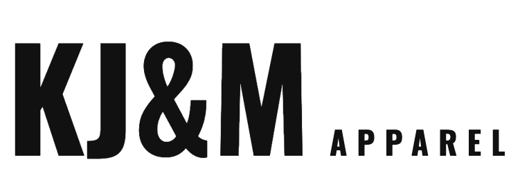 Black text logo for KJ&M Apparel on solid green background