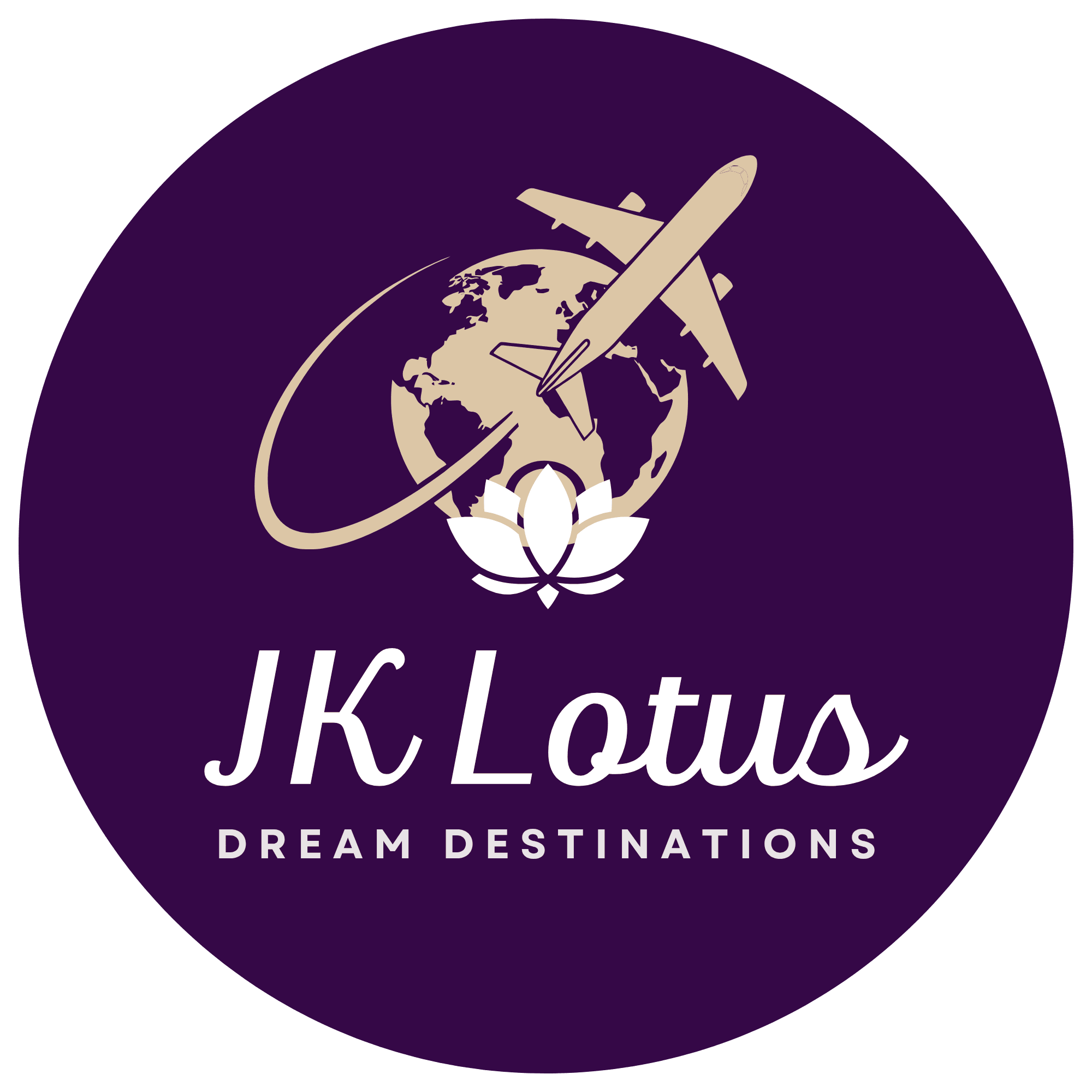 Travel agency logo with globe, airplane and lotus flower