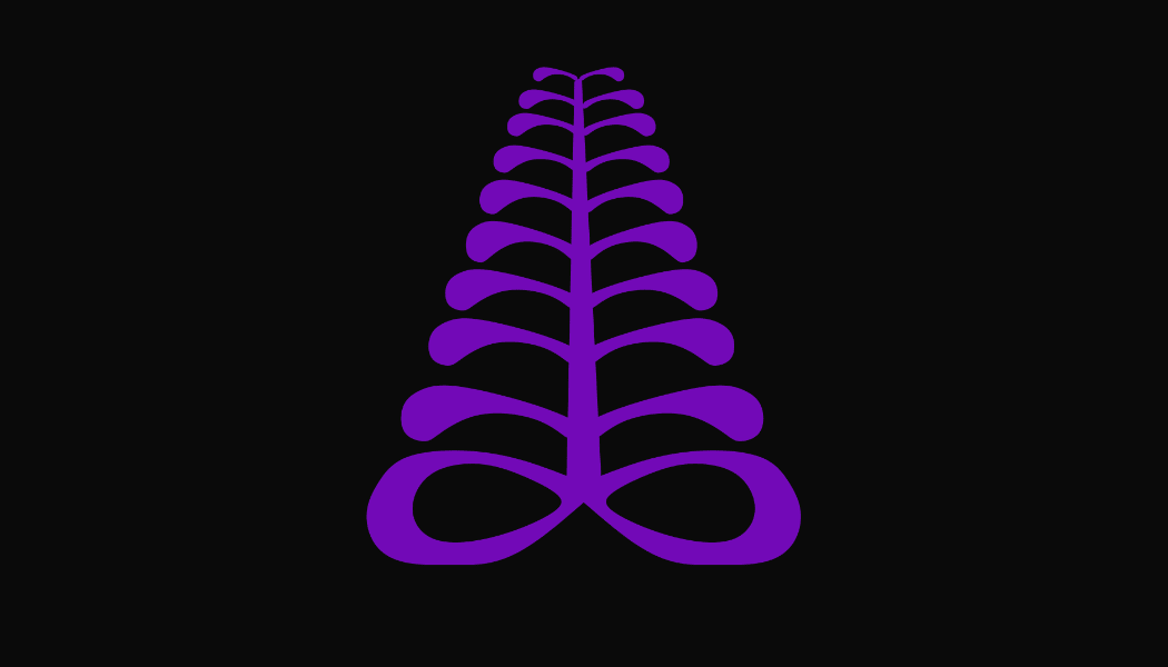 Purple abstract logo shaped like a stylized fern or spine on black background