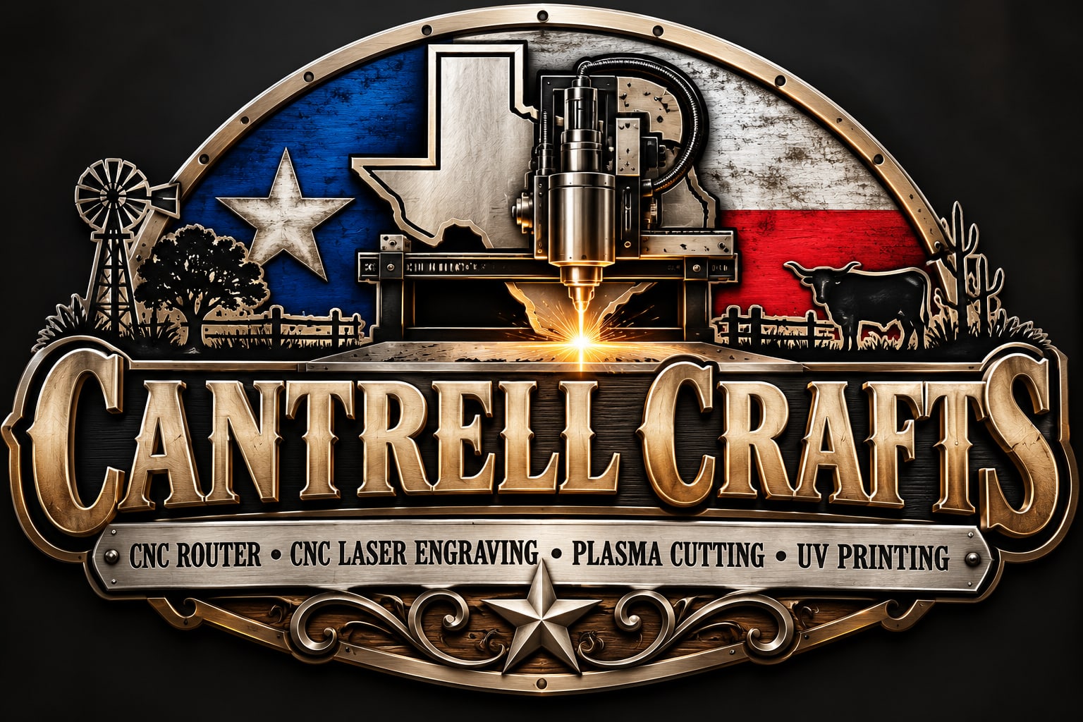 Logo for a Texas-based CNC and laser fabrication business with rustic industrial design.