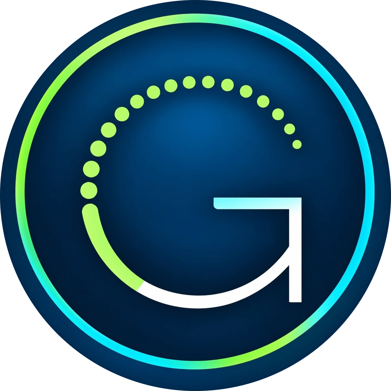 Circular logo with stylized G and arrow, green gradient ring