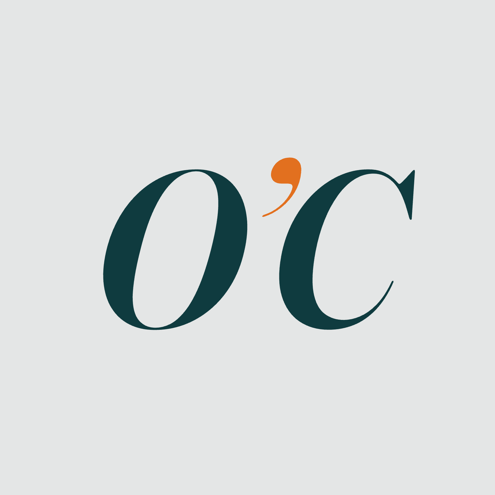Minimalist logo with stylized O and C, orange apostrophe between them.