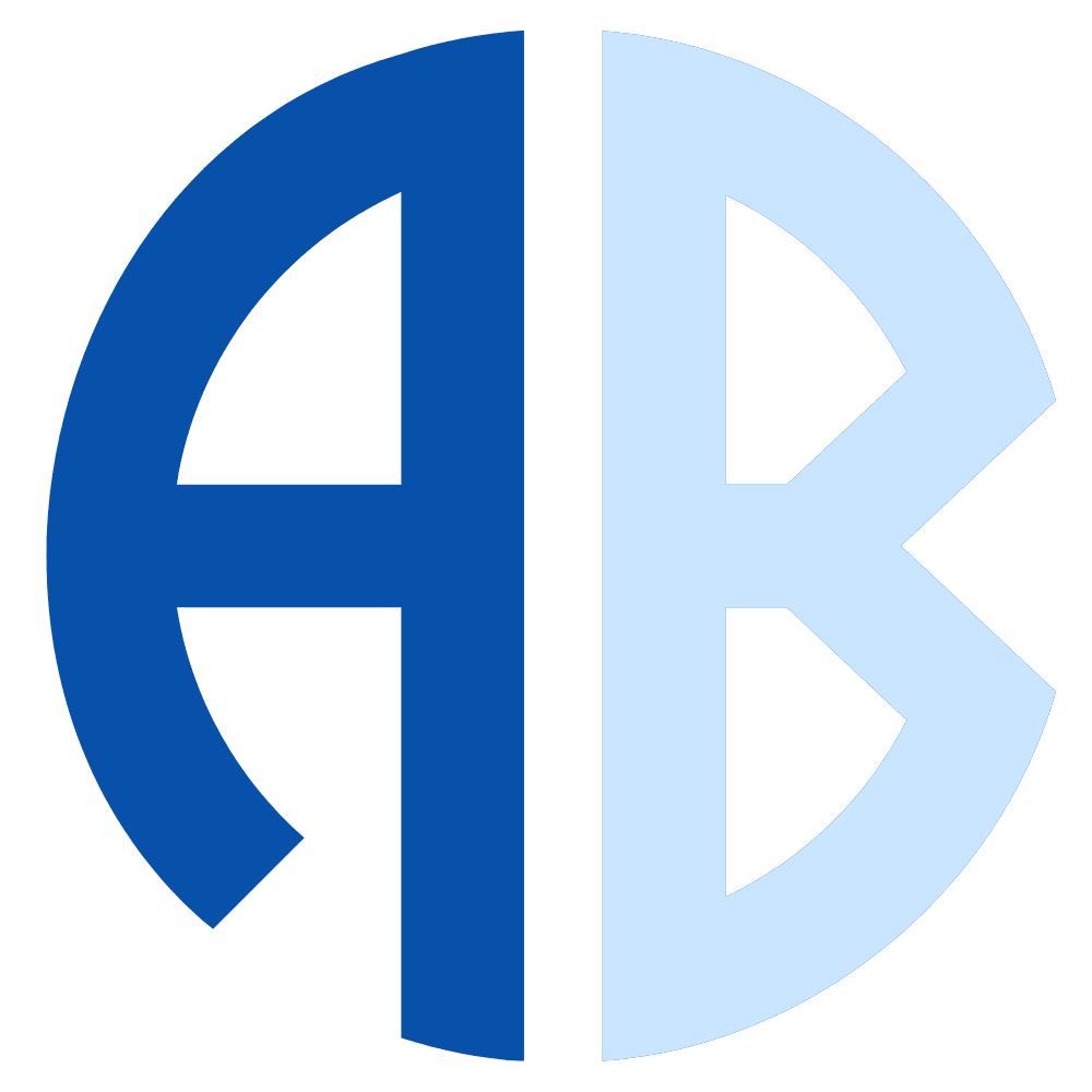 Blue and light blue stylized AB logo on green background